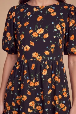 Robe Midi Noire À Fleurs Avec Manches Bouffantes Petite Taille