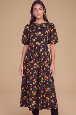 Robe Midi Noire À Fleurs Avec Manches Bouffantes Petite Taille