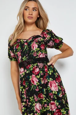Robe Midi Noire À Manches Bouffantes Avec Corsage Plissé Et Dentelle Florale