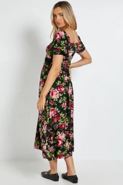 Robe Midi Noire À Manches Bouffantes Avec Corsage Plissé Et Dentelle Florale