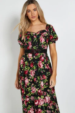 Robe Midi Noire À Manches Bouffantes Avec Corsage Plissé Et Dentelle Florale