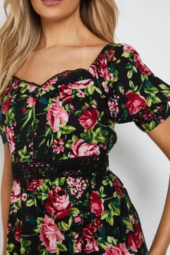 Robe Midi Noire À Manches Bouffantes Avec Corsage Plissé Et Dentelle Florale