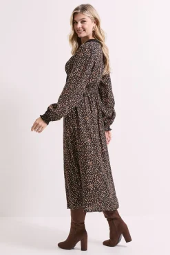 Robe Midi Noire à Manches Longues avec Imprimé Animal, Dentelle et Détail Nœud