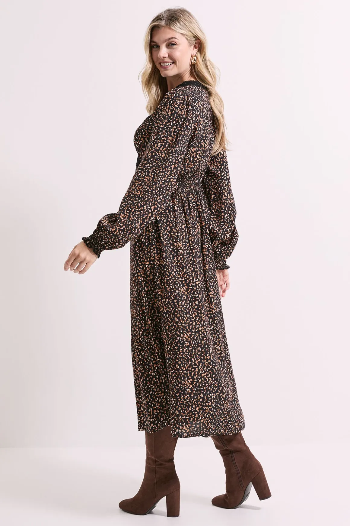 Robe Midi Noire à Manches Longues avec Imprimé Animal, Dentelle et Détail Nœud