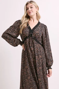 Robe Midi Noire à Manches Longues avec Imprimé Animal, Dentelle et Détail Nœud
