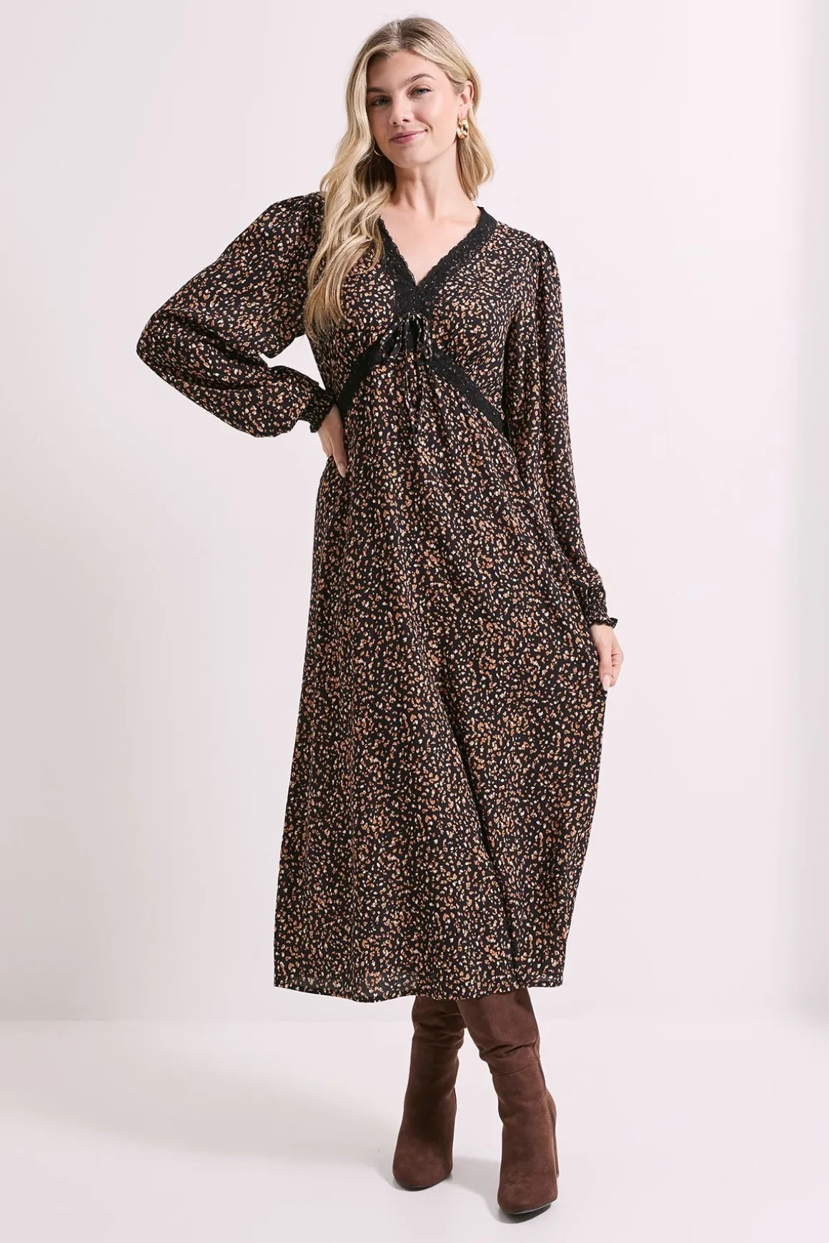 Robe Midi Noire à Manches Longues avec Imprimé Animal, Dentelle et Détail Nœud