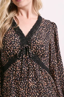 Robe Midi Noire à Manches Longues avec Imprimé Animal, Dentelle et Détail Nœud