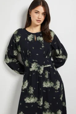 Dorothy Perkins Robe Midi Noire À Motif Avec Manches Bouffantes Et Détail Découpe Goutte<Femme Robes Mi-Longues|Robes À Manches Longues