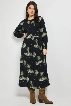 Dorothy Perkins Robe Midi Noire À Motif Avec Manches Bouffantes Et Détail Découpe Goutte<Femme Robes Mi-Longues|Robes À Manches Longues