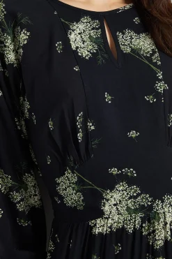 Dorothy Perkins Robe Midi Noire À Motif Avec Manches Bouffantes Et Détail Découpe Goutte<Femme Robes Mi-Longues|Robes À Manches Longues