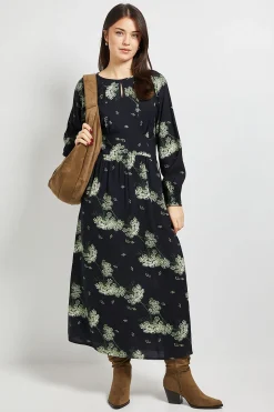 Dorothy Perkins Robe Midi Noire À Motif Avec Manches Bouffantes Et Détail Découpe Goutte<Femme Robes Mi-Longues|Robes À Manches Longues