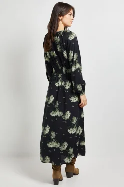 Dorothy Perkins Robe Midi Noire À Motif Avec Manches Bouffantes Et Détail Découpe Goutte<Femme Robes Mi-Longues|Robes À Manches Longues