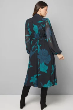 Robe Midi Noire à Motifs Floraux avec Nœud Lavallière