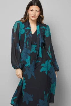 Robe Midi Noire à Motifs Floraux avec Nœud Lavallière