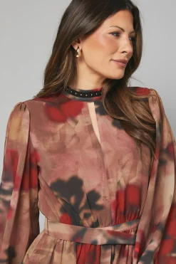 Robe Midi Noire à Motifs Floraux avec Clous Décoratifs