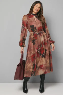 Robe Midi Noire à Motifs Floraux avec Clous Décoratifs
