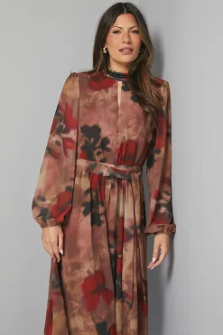 Robe Midi Noire à Motifs Floraux avec Clous Décoratifs