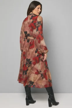Robe Midi Noire à Motifs Floraux avec Clous Décoratifs