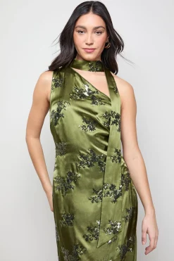 Robe Midi Nuisette en Satin à Sequins avec Col Noué