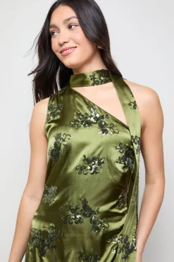 Robe Midi Nuisette en Satin à Sequins avec Col Noué
