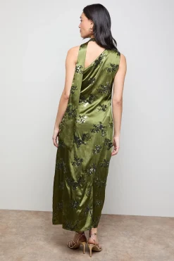 Robe Midi Nuisette en Satin à Sequins avec Col Noué
