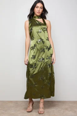 Robe Midi Nuisette en Satin à Sequins avec Col Noué