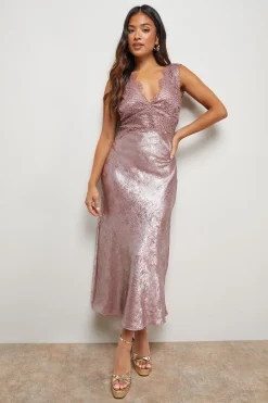 Oasis Robe Midi Nuisette Métallisée avec Détails en Dentelle Petite Taille<Femme Robes Mi-Longues|Satin Et Dentelle