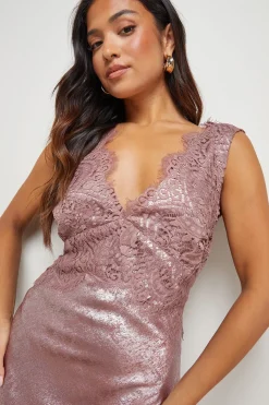 Oasis Robe Midi Nuisette Métallisée avec Détails en Dentelle Petite Taille<Femme Robes Mi-Longues|Satin Et Dentelle