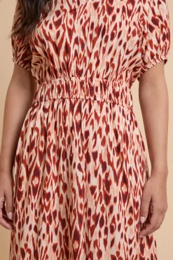 Robe Midi Orange Cintrée À Manches Bouffantes Motif Animal