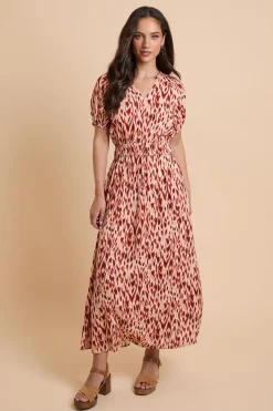 Robe Midi Orange Cintrée À Manches Bouffantes Motif Animal