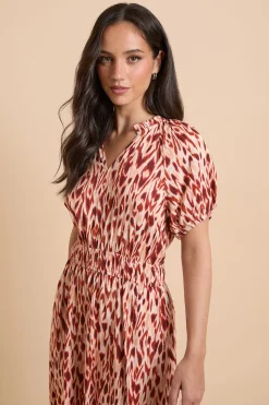 Robe Midi Orange Cintrée À Manches Bouffantes Motif Animal