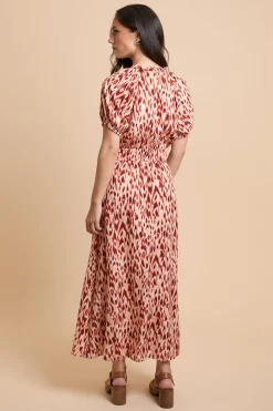 Robe Midi Orange Cintrée À Manches Bouffantes Motif Animal