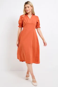 Robe Midi Orange Petite À Encolure En V Avec Manches Bouffantes Et Bordure En Dentelle
