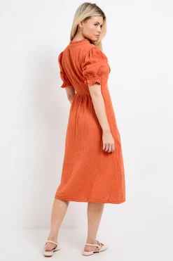 Robe Midi Orange Petite À Encolure En V Avec Manches Bouffantes Et Bordure En Dentelle