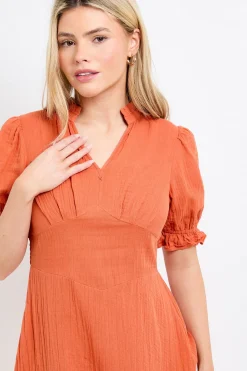 Robe Midi Orange Petite À Encolure En V Avec Manches Bouffantes Et Bordure En Dentelle