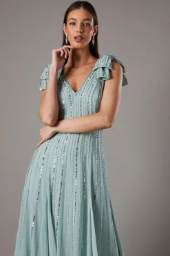 Robe Midi Ornée avec Nœuds aux Épaules