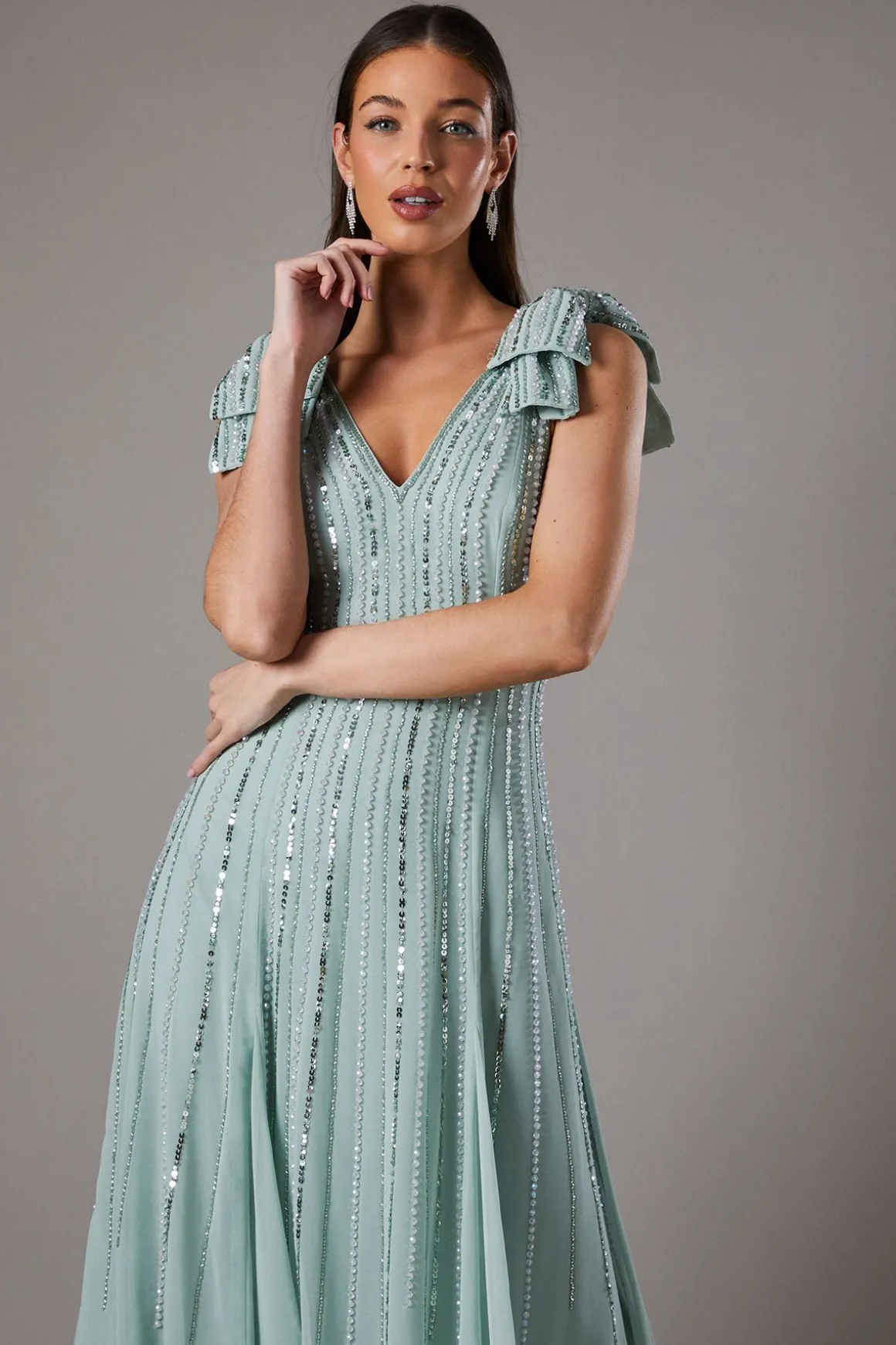 Robe Midi Ornée avec Nœuds aux Épaules