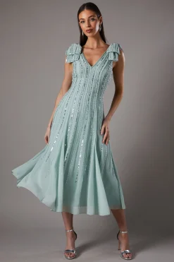 Robe Midi Ornée avec Nœuds aux Épaules