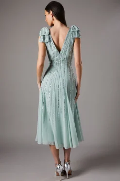Robe Midi Ornée avec Nœuds aux Épaules