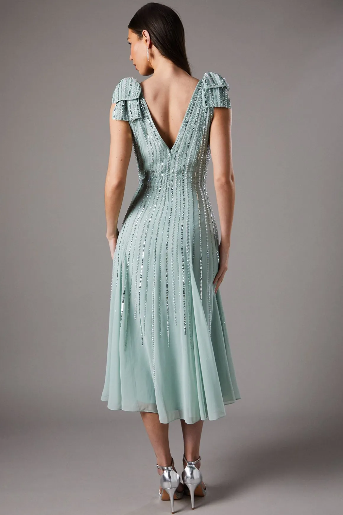 Robe Midi Ornée avec Nœuds aux Épaules