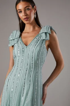 Robe Midi Ornée avec Nœuds aux Épaules