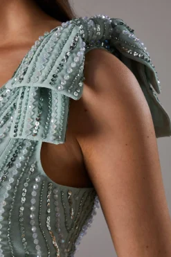 Robe Midi Ornée avec Nœuds aux Épaules