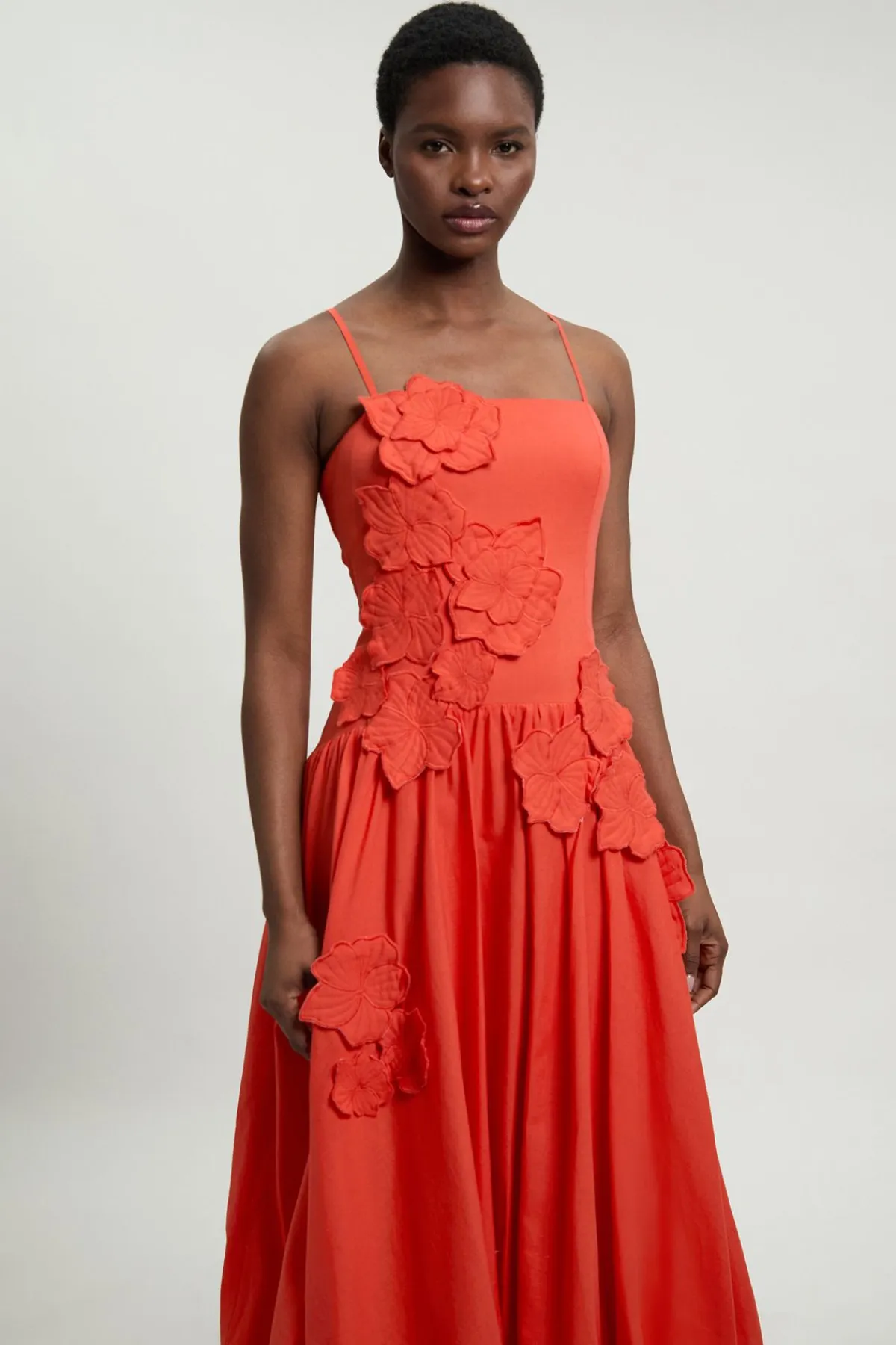 KarenMillen Robe Midi À Ourlet Bouffant Et Fleurs 3D En Coton Lin Petite<Femme Robes|Robes Mi-Longues