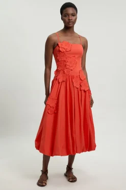 KarenMillen Robe Midi À Ourlet Bouffant Et Fleurs 3D En Coton Lin Petite<Femme Robes|Robes Mi-Longues