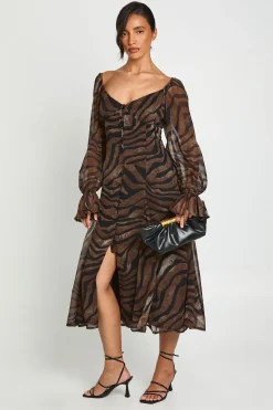 Robe Midi À Ourlet Godets En Mousseline Texturée Imprimé Zèbre Tonal