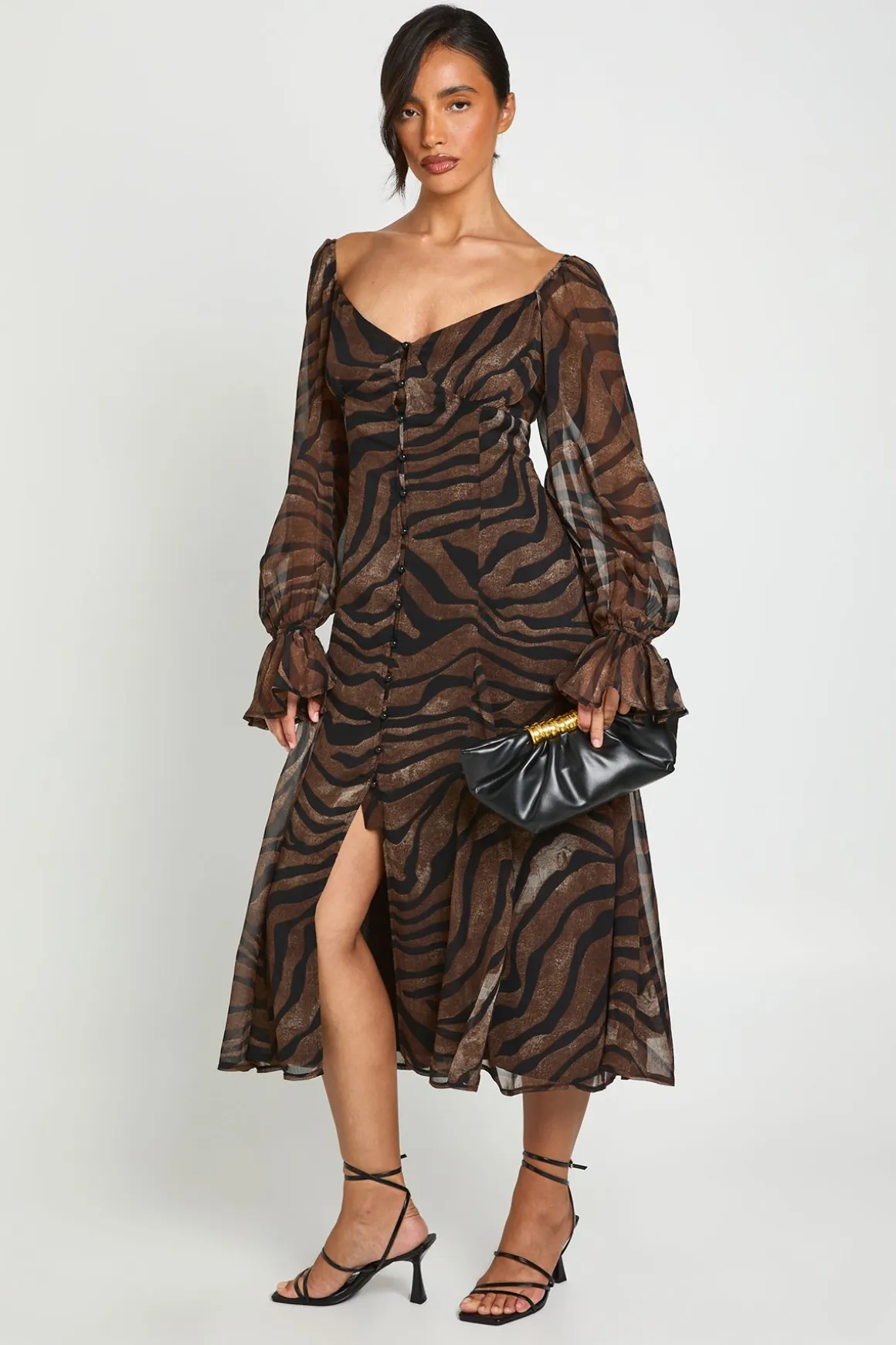 Robe Midi À Ourlet Godets En Mousseline Texturée Imprimé Zèbre Tonal
