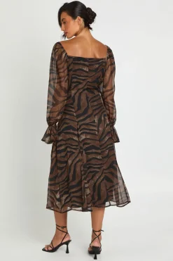 Robe Midi À Ourlet Godets En Mousseline Texturée Imprimé Zèbre Tonal