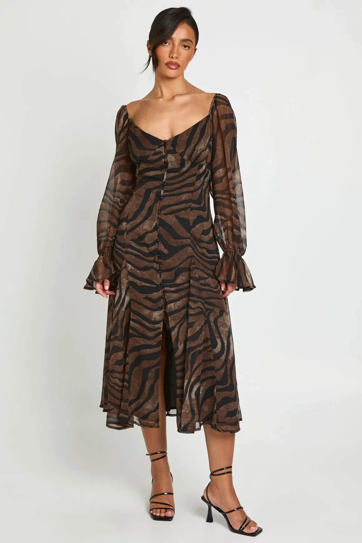 Robe Midi À Ourlet Godets En Mousseline Texturée Imprimé Zèbre Tonal