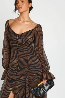 Robe Midi À Ourlet Godets En Mousseline Texturée Imprimé Zèbre Tonal