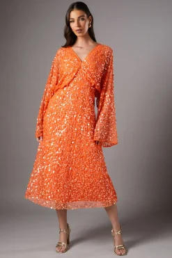 Robe Midi à Paillettes avec Manches Chauve-souris